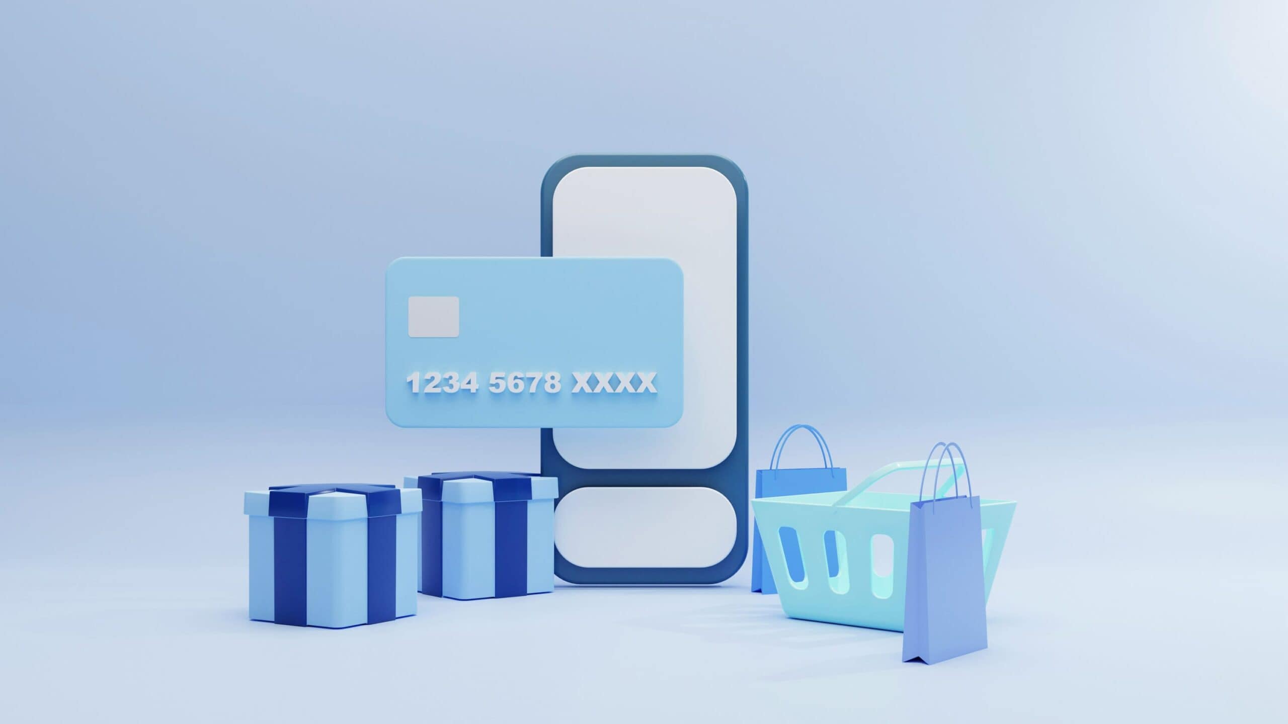 3D-Visualisierung, welche die wesentlichen Elemente des Online-Shoppings darstellt. Eine stilisierte Debit- oder Kreditkarte, Geschenkboxen und Einkaufstüten, die nahtlos vor einem modernen Smartphone platziert sind, um die einfache und sichere Zahlungsabwicklung in einem E-Commerce-Geschäft zu symbolisieren. Die Verwendung von sanften Blautönen kommuniziert Vertrauen und Zuverlässigkeit, zwei Schlüsselelemente für eine positive Kundenwahrnehmung im digitalen Handel.