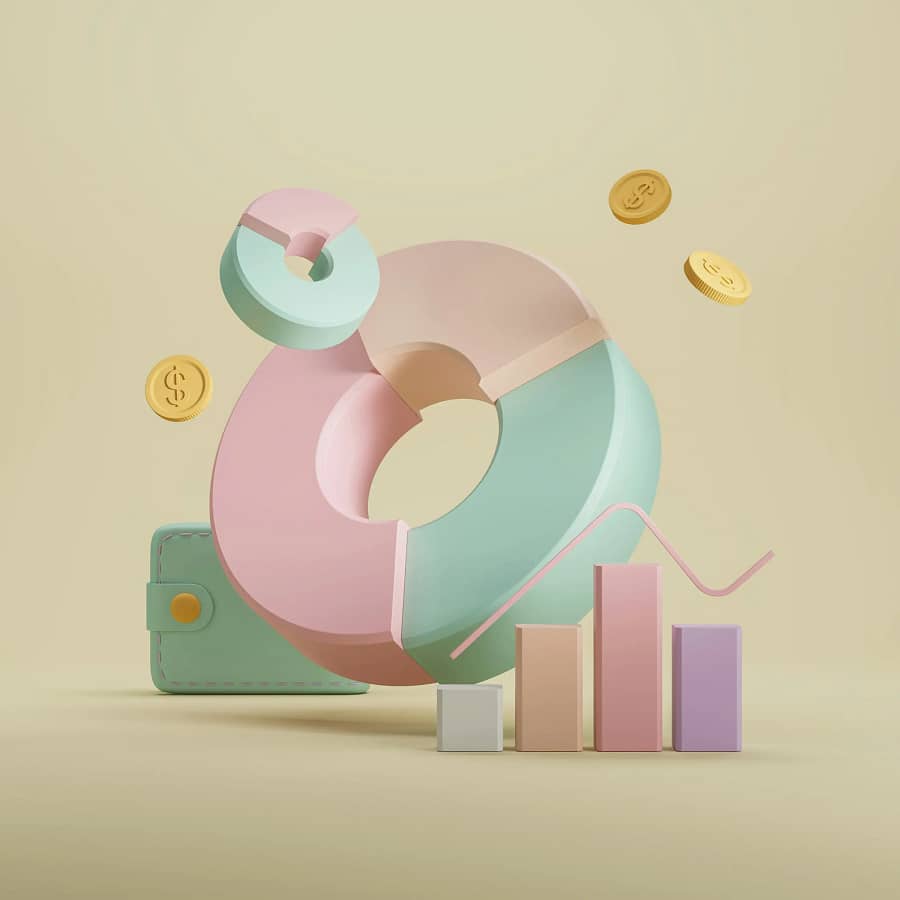 Detailreiche 3D-Animation eines Smartphones umgeben von diversen Analysecharts, die die Bedeutung von datengestütztem Reporting und Analysen für E-Commerce-Websites hervorhebt.