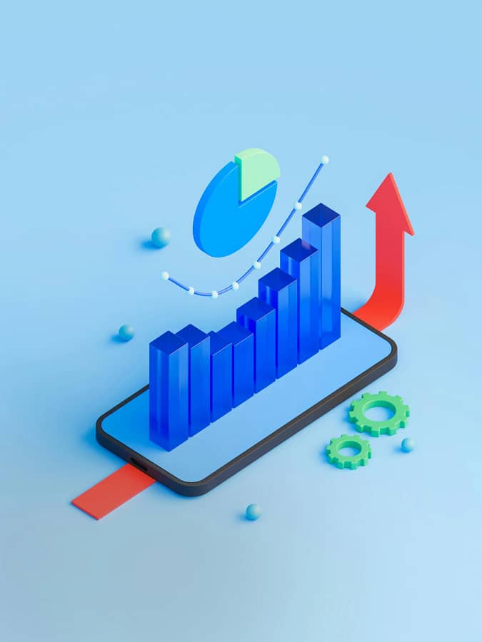Optimieren Sie Ihre Werbeinvestition mit unserem PPC-Marketing, dargestellt durch eine 3D-Animation, in der lebendige Charts aus einem Smartphone herauswachsen, um Wachstum und Erfolg zu symbolisieren.